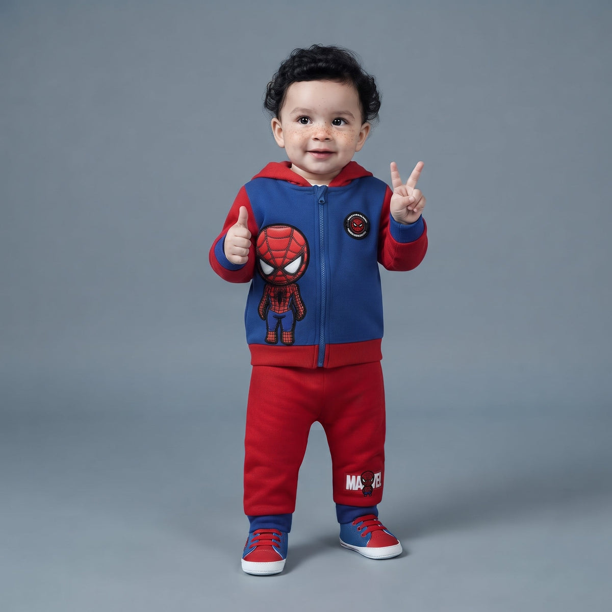 Bebé con conjunto de dos piezas EmpiBy de Spider-Man, sudadera azul y roja con capucha y pantalón jogger a juego.