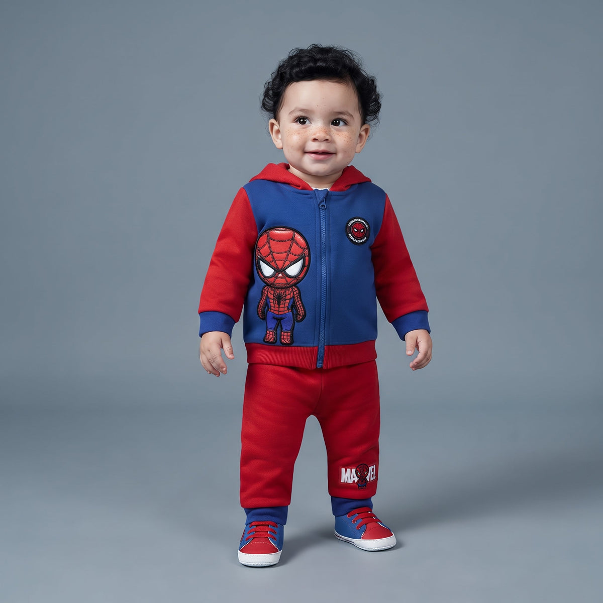 Bebé con conjunto de dos piezas de Spiderman de EmpiBy, sudadera azul y roja con capucha y pantalón jogger a juego.