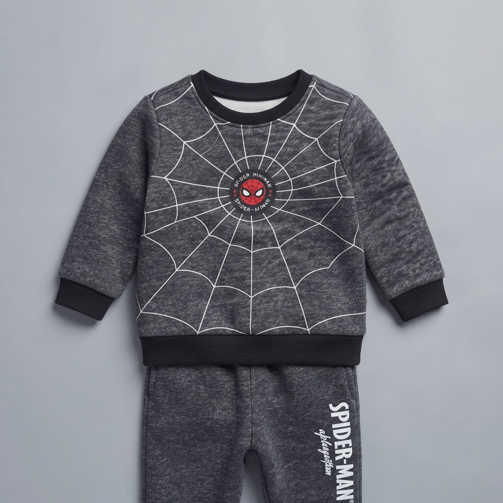 Conjunto EmpiBy de dos piezas para bebé con sudadera gris de Spiderman y pantalón jogger a juego con estampado