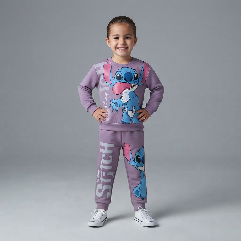 Niña sonriente vistiendo conjunto de sudadera y pantalón morado de EmpiBy con estampado oficial de Stitch de Disney