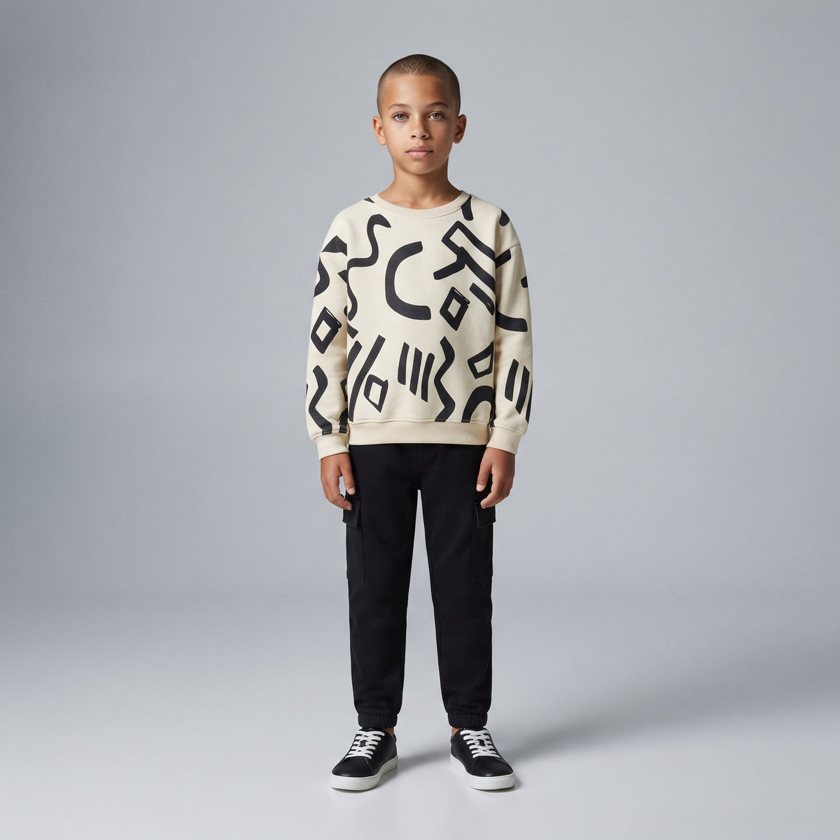 Niño vistiendo conjunto EmpiBy de sudadera marfil con estampado abstracto negro y pantalón jogger cargo a juego