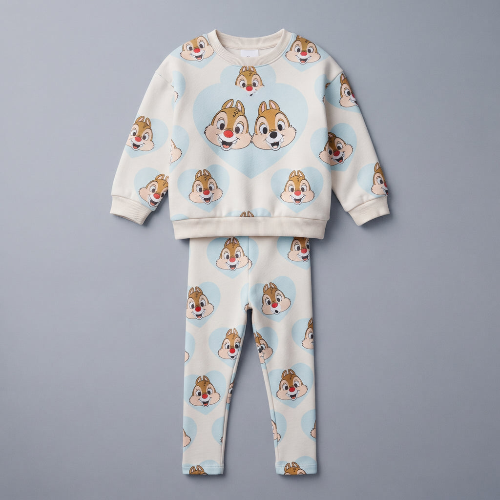 Conjunto EmpiBy de dos piezas para niña con estampado de Chip y Dale sobre corazones celestes en sudadera y pantalón