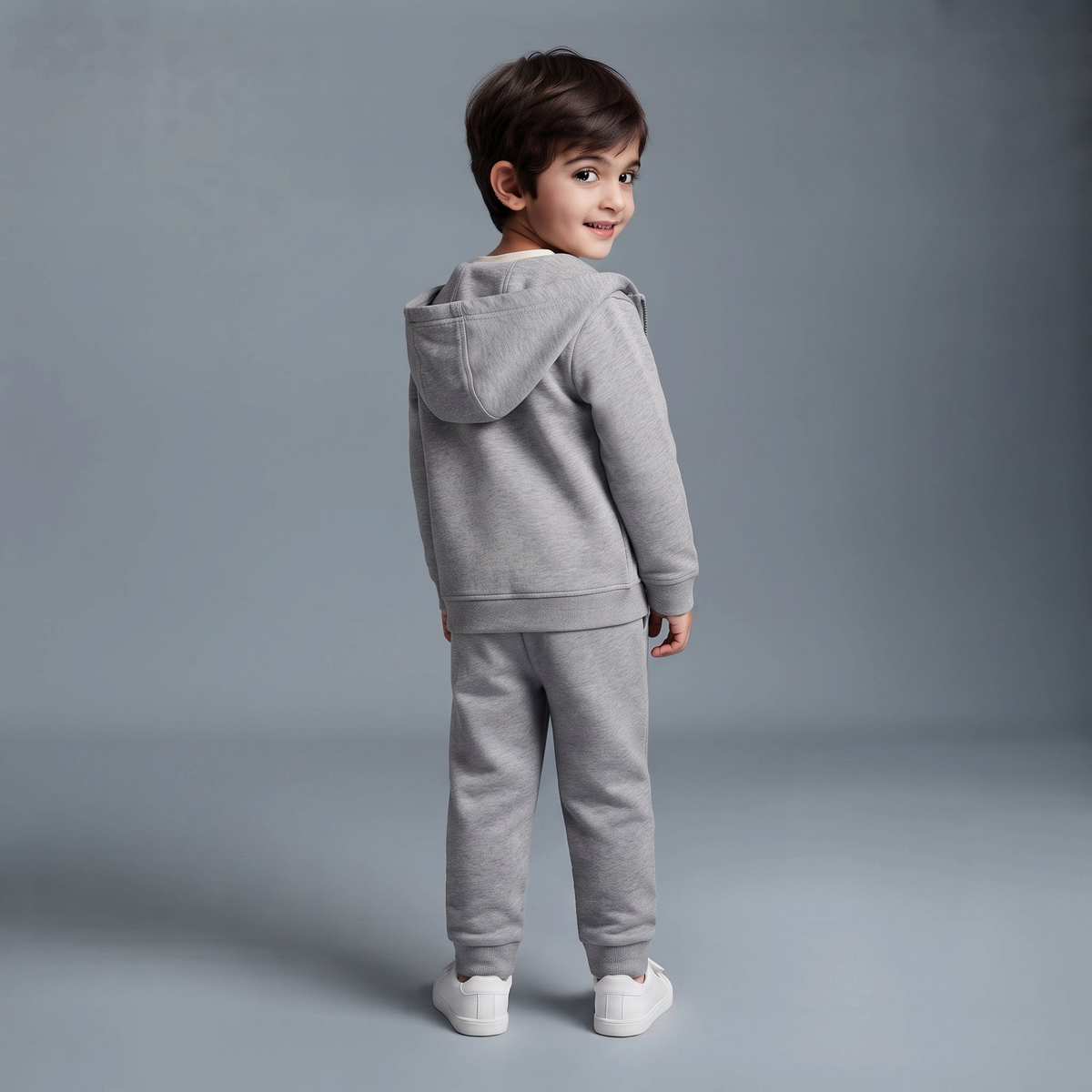 Niño vistiendo conjunto EmpiBy de sudadera con capucha y jogger gris de Spider-Man, vista trasera
