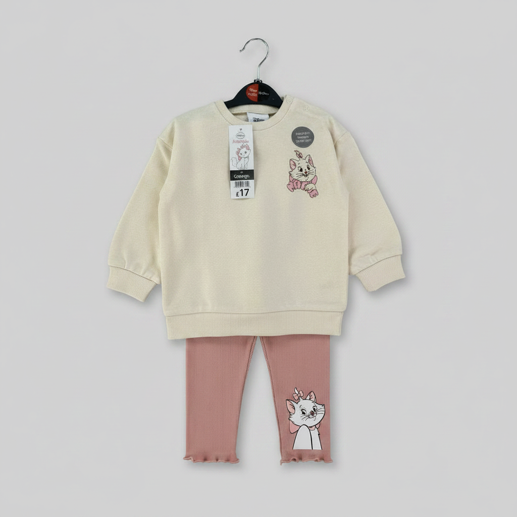 Conjunto EmpiBy de sudadera marfil y legging rosa acanalado con estampado de la gatita Marie para niña