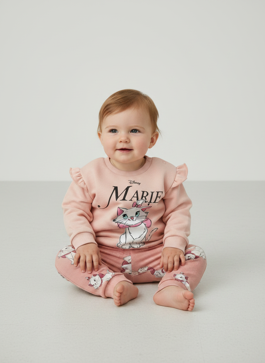 Bebé con conjunto EmpiBy de sudadera rosa con volantes y leggings estampados de Marie de Los Aristogatos