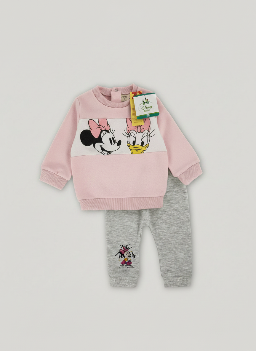 Conjunto EmpiBy de sudadera rosa con Minnie y Daisy y pantalón jogger gris para bebé niña