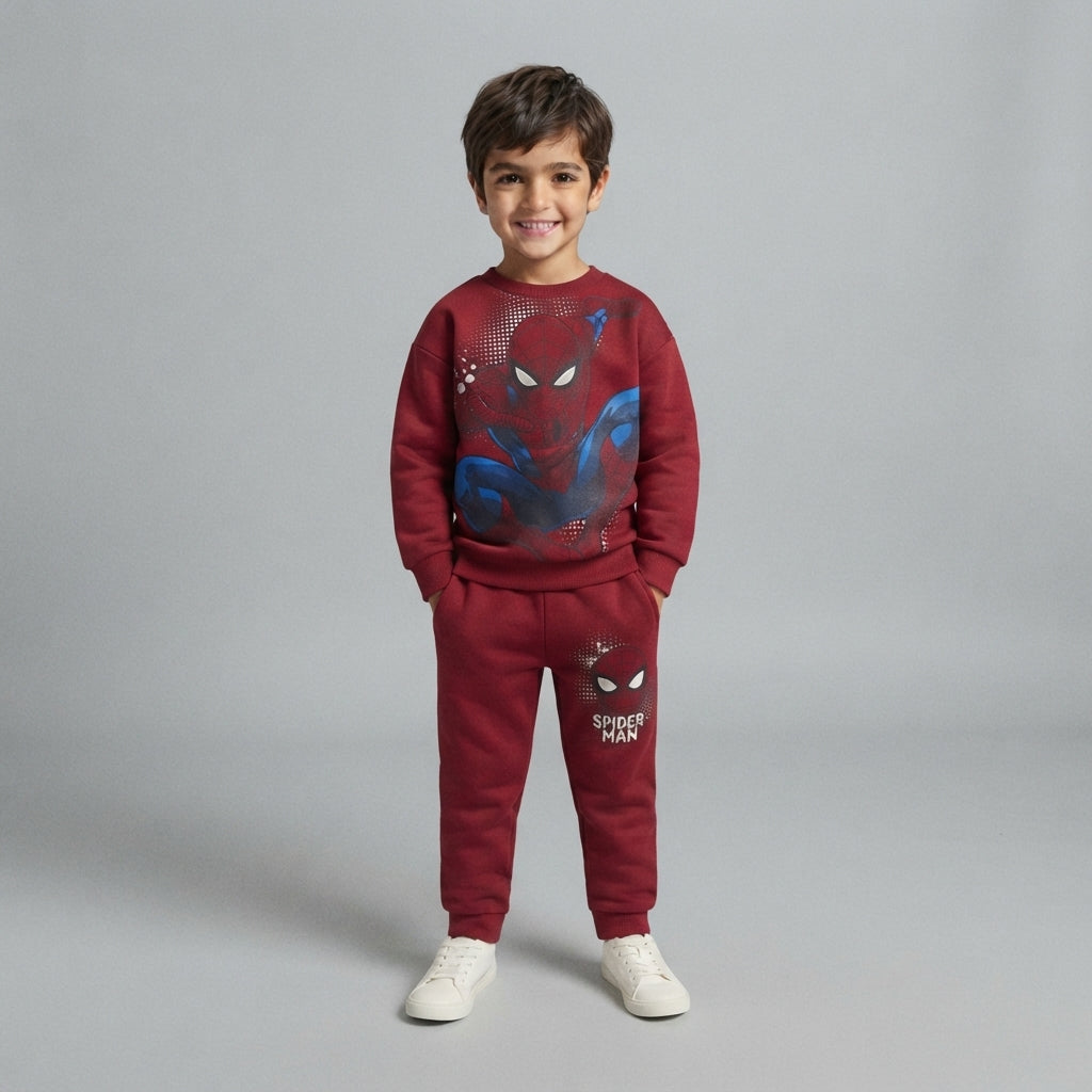 Niño sonriente vistiendo conjunto EmpiBy de sudadera y pantalón rojo de Spider-Man con estampado de Marvel