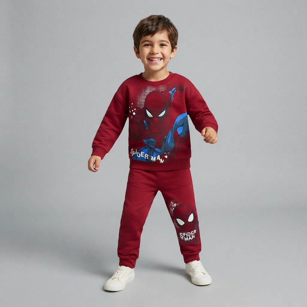 Niño sonriente vistiendo conjunto EmpiBy de sudadera y pantalón rojo con estampado de Spider-Man de Marvel