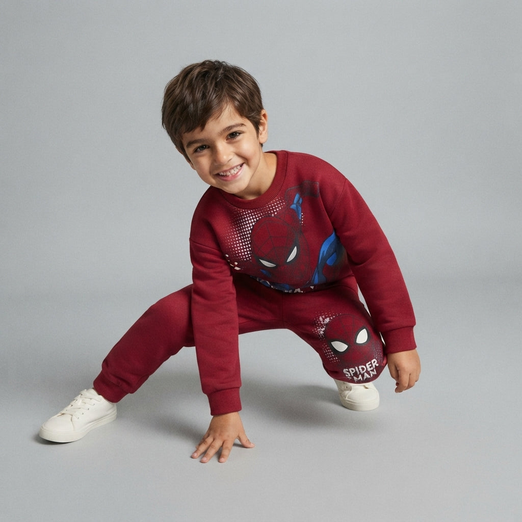Niño sonriente vistiendo conjunto de sudadera y pantalón rojo de Spider-Man de EmpiBy con estampado del superhéroe