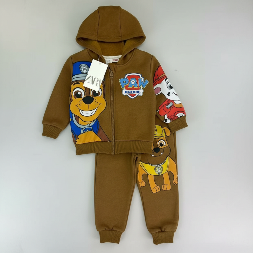Conjunto EmpiBy de sudadera con capucha y pantalón color café con estampados de personajes de Paw Patrol