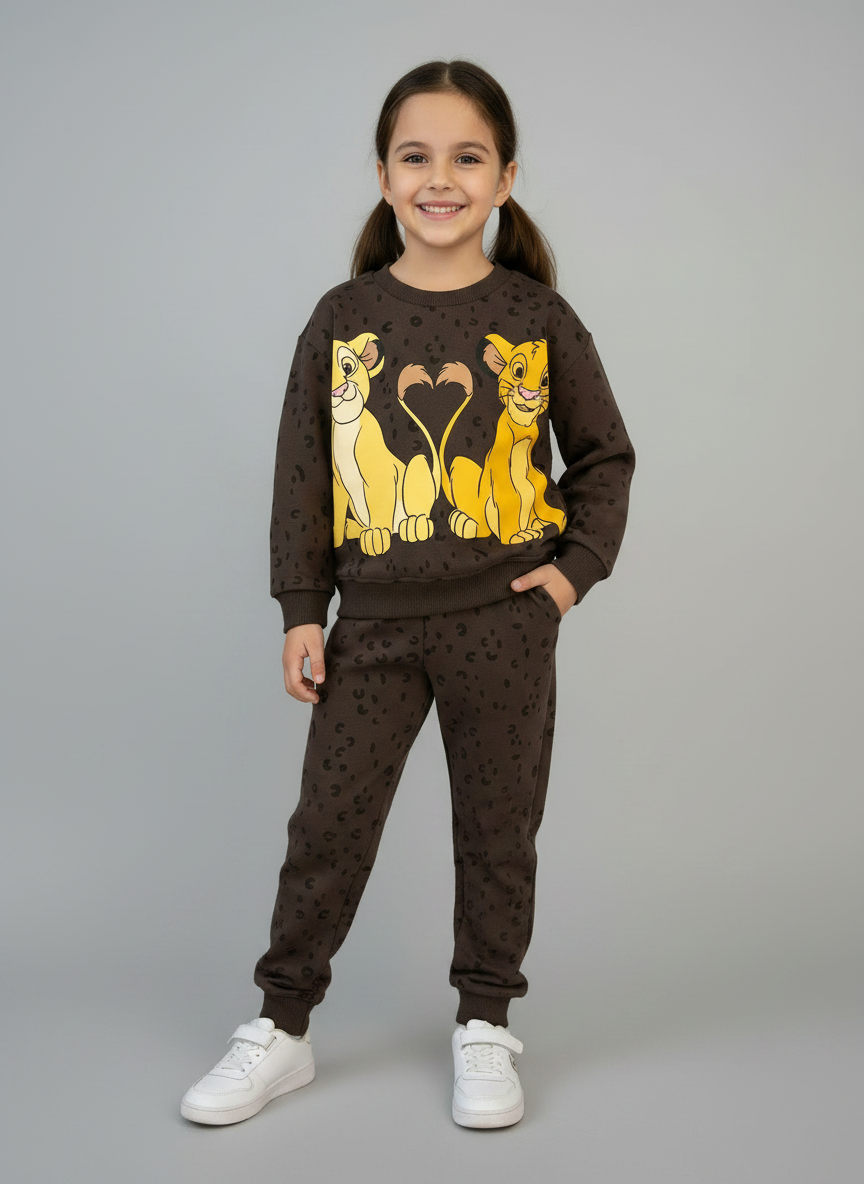 Niña sonriente vistiendo conjunto EmpiBy de sudadera y jogger marrón chocolate con estampado de Simba y Nala de Disney