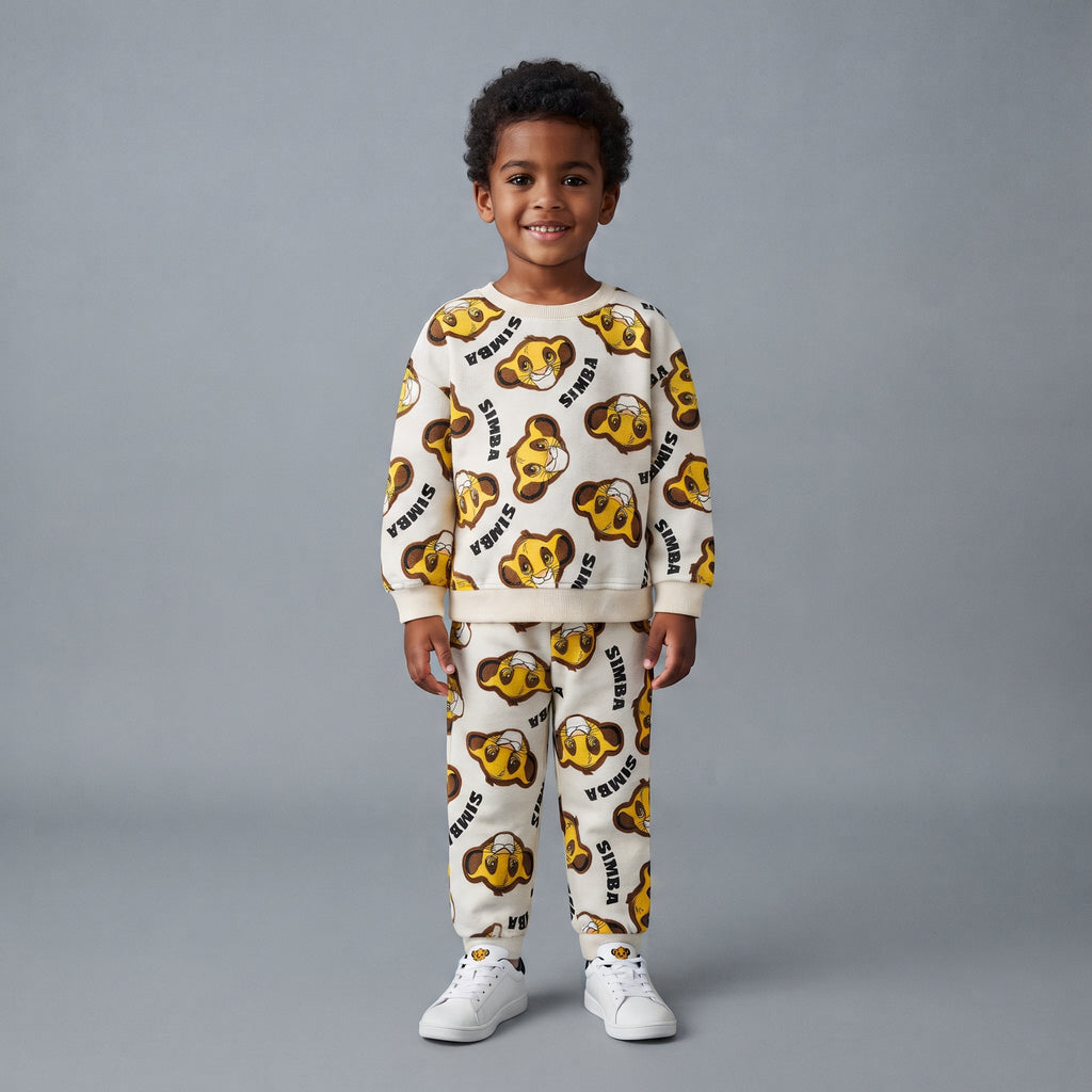 Niño sonriente vistiendo conjunto EmpiBy de sudadera y jogger color crema con estampado de Simba de El Rey León