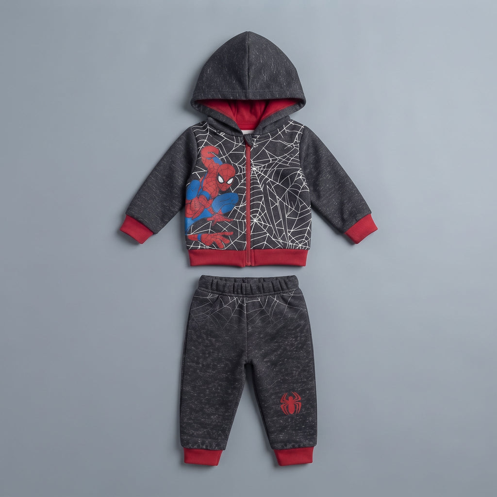 Conjunto EmpiBy de dos piezas para bebé con sudadera gris de Spider-Man, cremallera y pantalón jogger a juego.