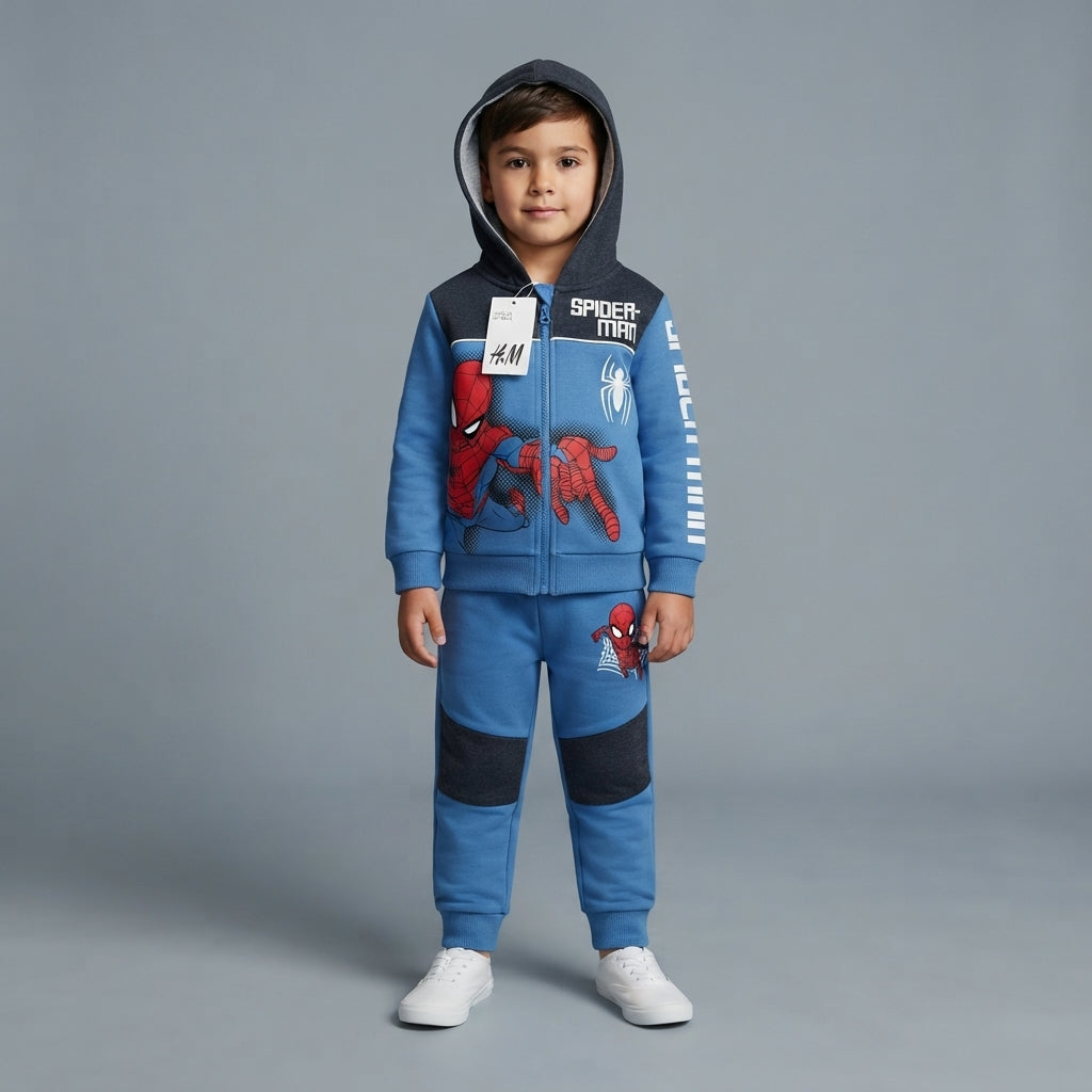 Niño vistiendo conjunto EmpiBy de sudadera con cremallera y pantalón azul y rojo con estampado de Spider-Man