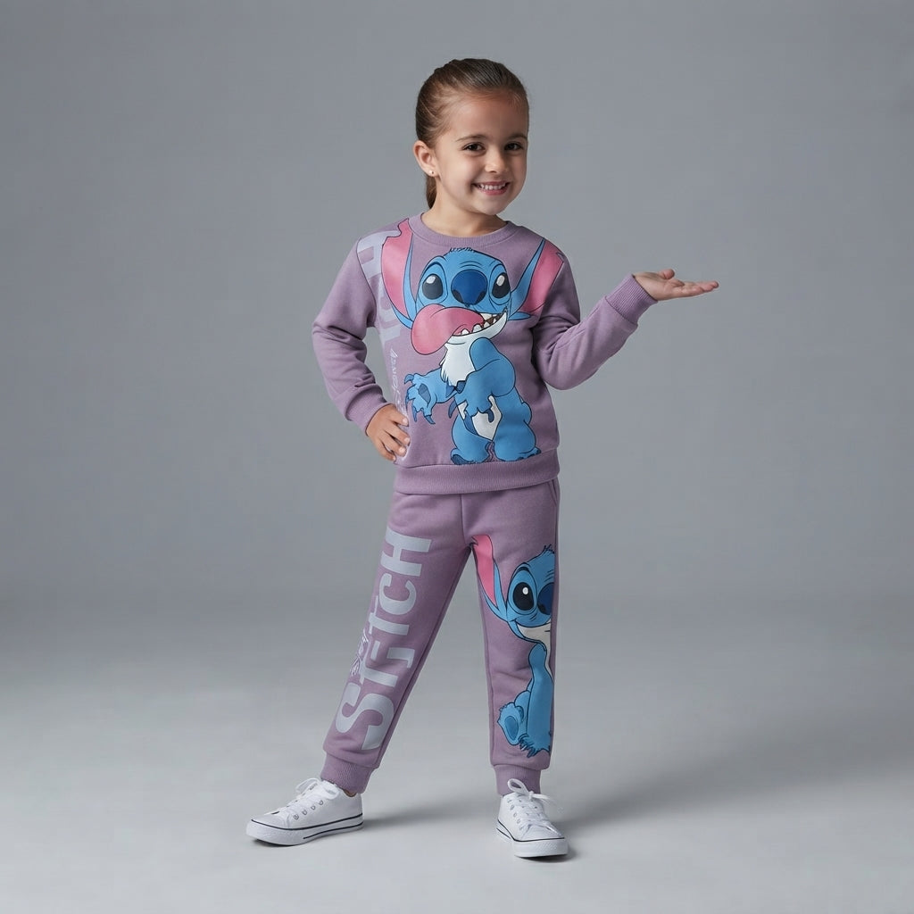 Niña sonriendo vistiendo conjunto de sudadera y pantalón morado con estampado de Stitch de la colección oficial EmpiBy