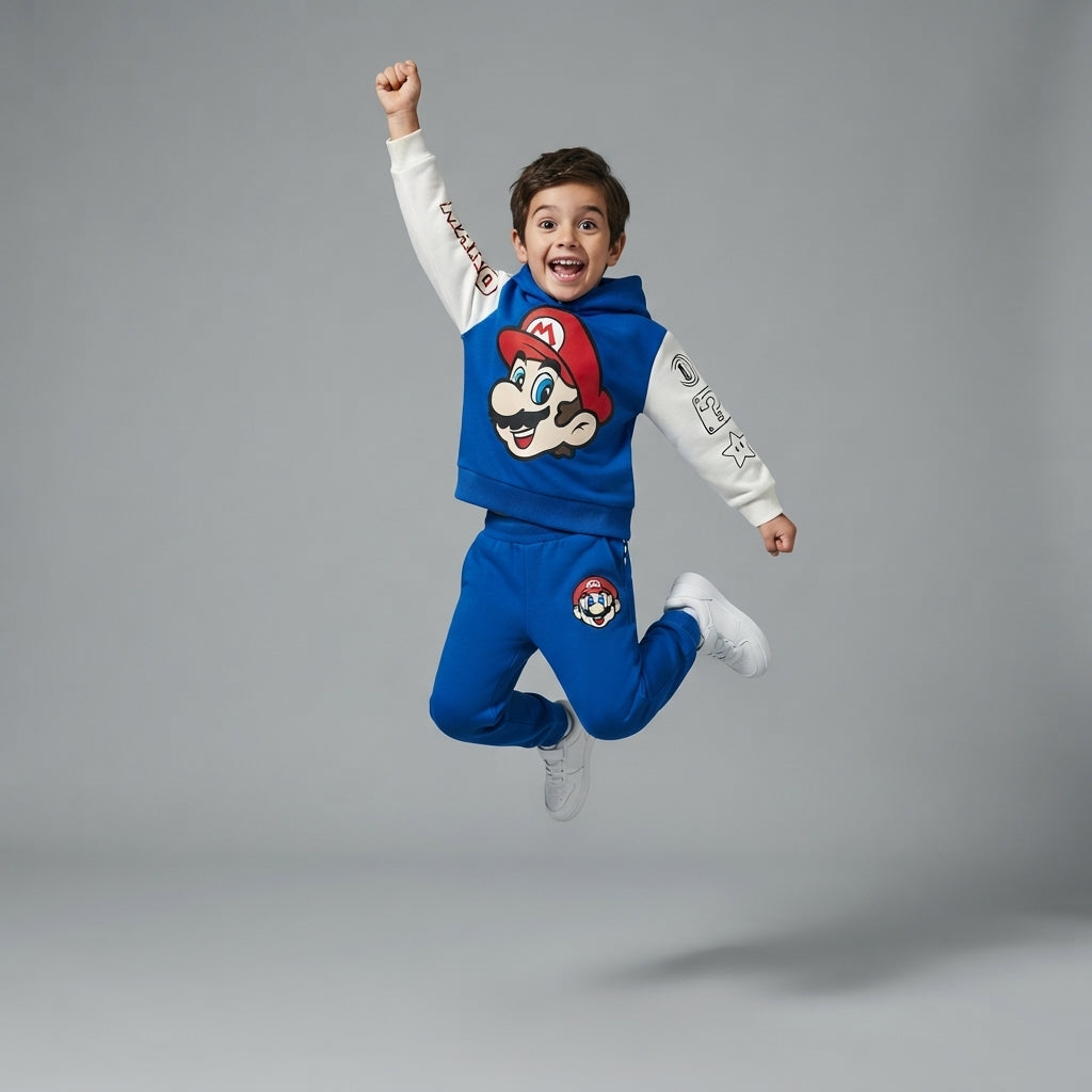 Niño saltando feliz con conjunto EmpiBy de sudadera y pantalón azul de Super Mario Bros con detalles en blanco
