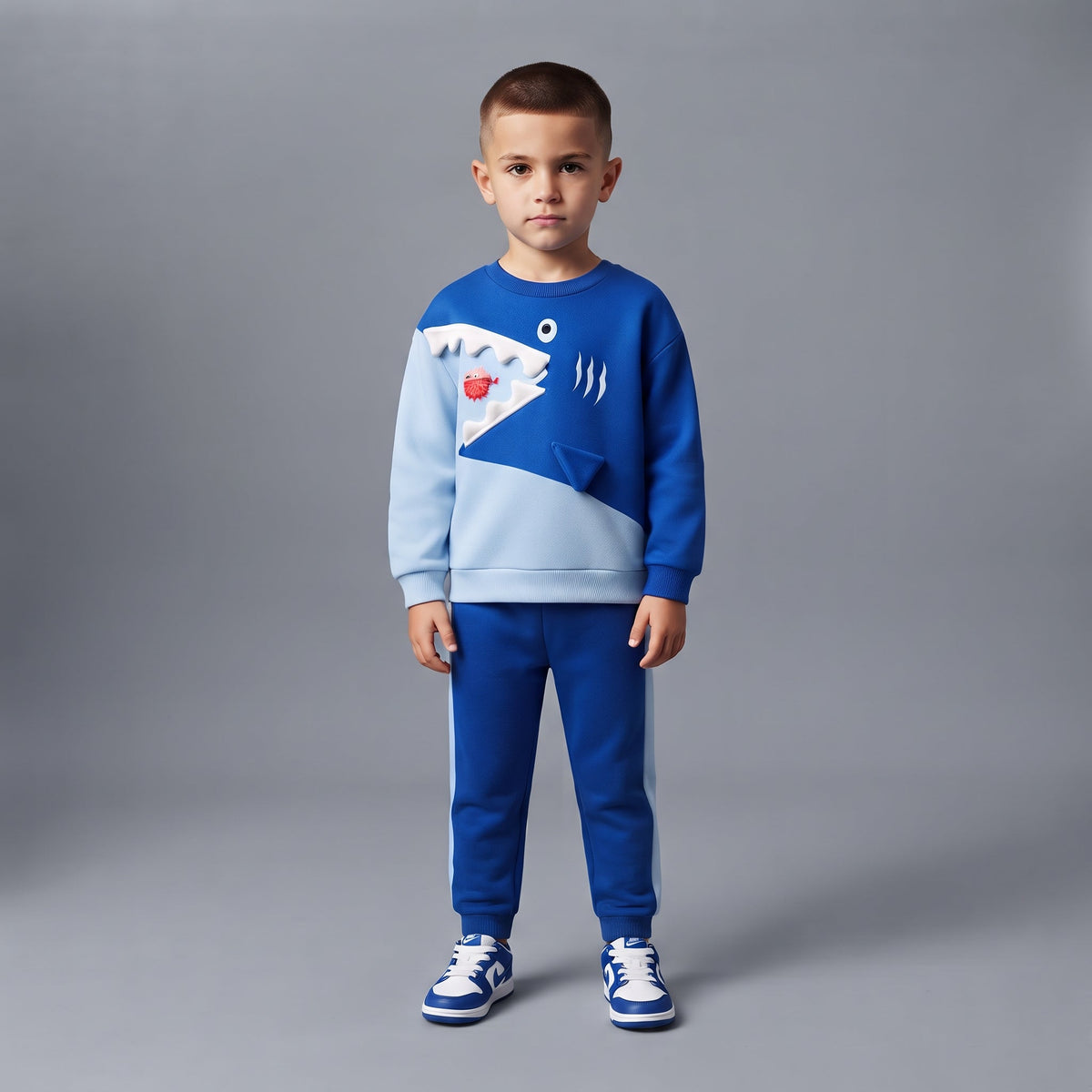 Conjunto EmpiBy de dos piezas para niño con sudadera azul de tiburón en relieve y pantalón jogger a juego