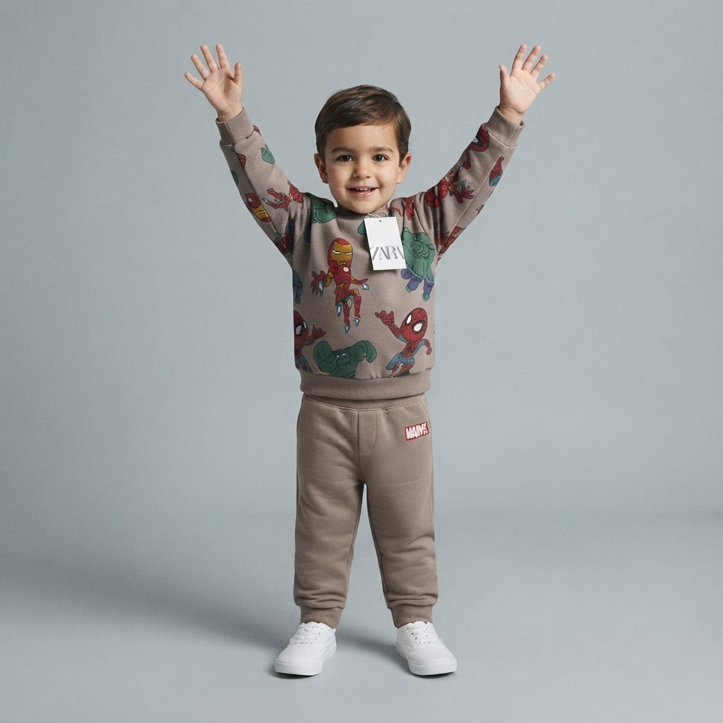 Niño pequeño vistiendo conjunto EmpiBy de sudadera y pantalón color topo con estampado de superhéroes Marvel