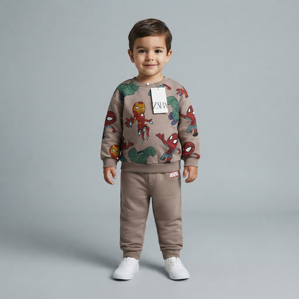 Niño pequeño vistiendo conjunto EmpiBy de sudadera y pantalón color topo con estampado de superhéroes Marvel