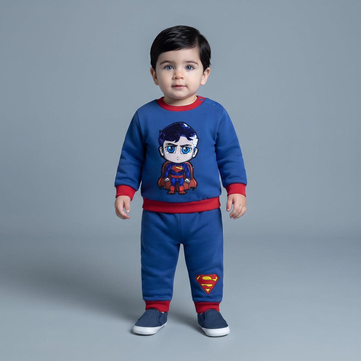 Niño pequeño vistiendo conjunto EmpiBy de dos piezas azul de Superman con gráfico chibi y detalles en rojo