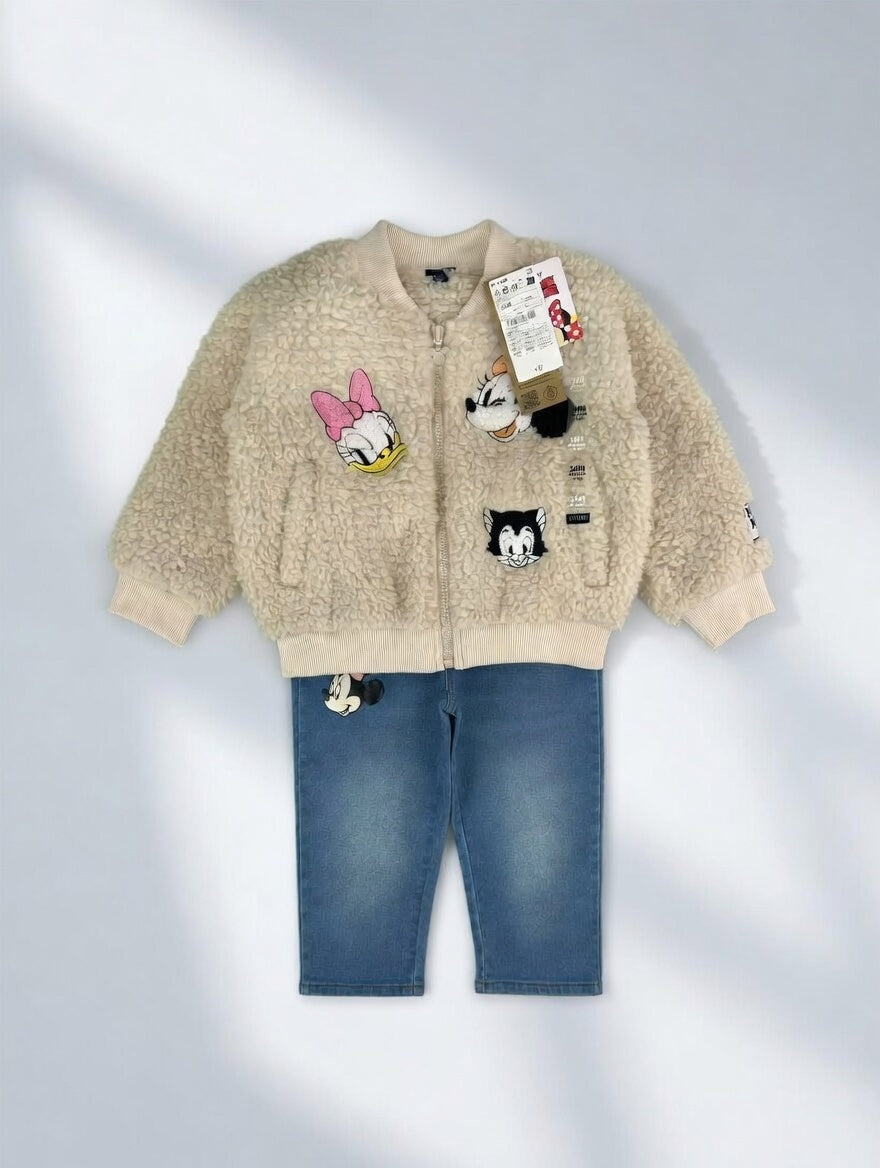 Conjunto EmpiBy de chaqueta teddy color crema con parches de Disney y jeans azules para niña