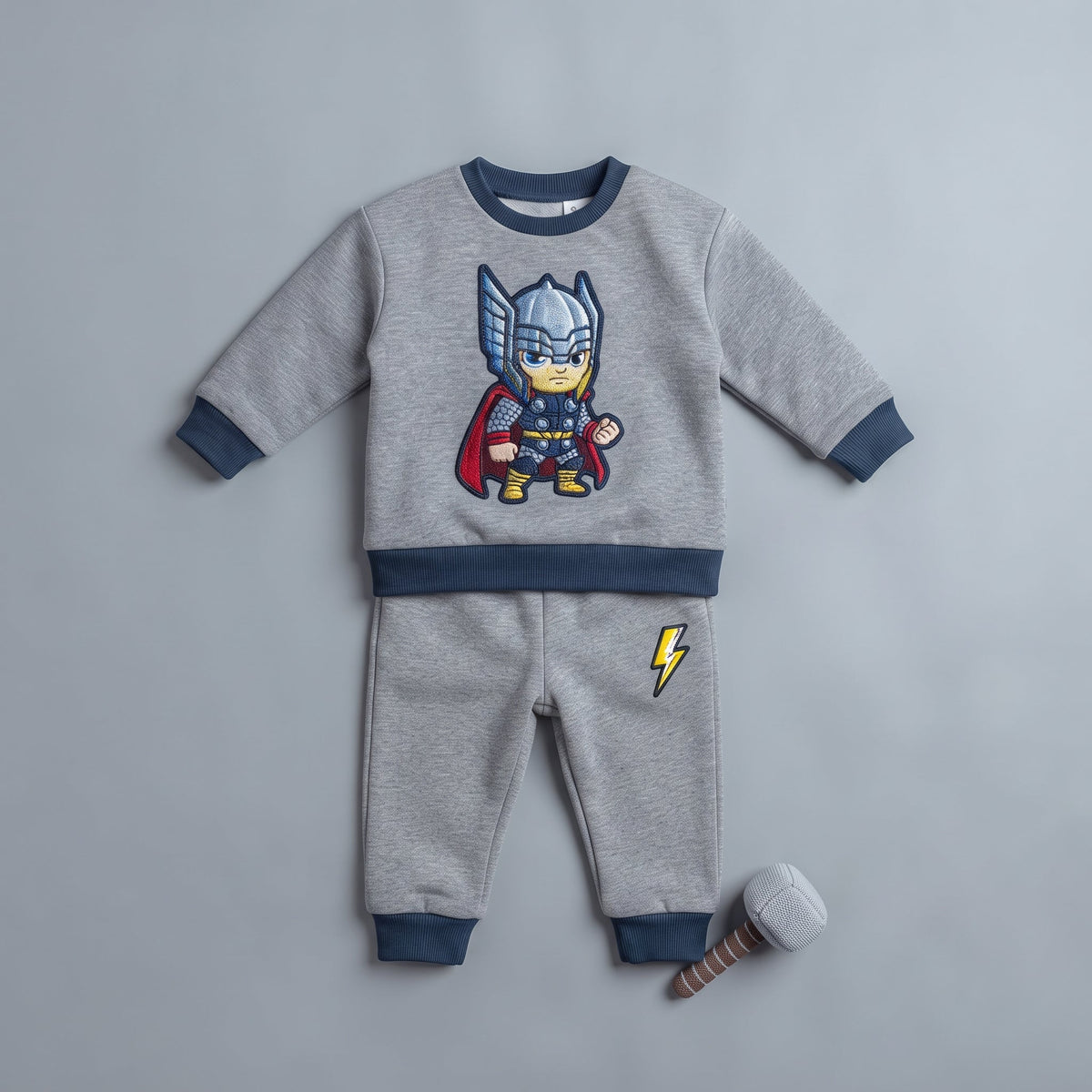 Conjunto EmpiBy de dos piezas para bebé niño en gris jaspeado con bordado de Thor y detalles en azul marino.