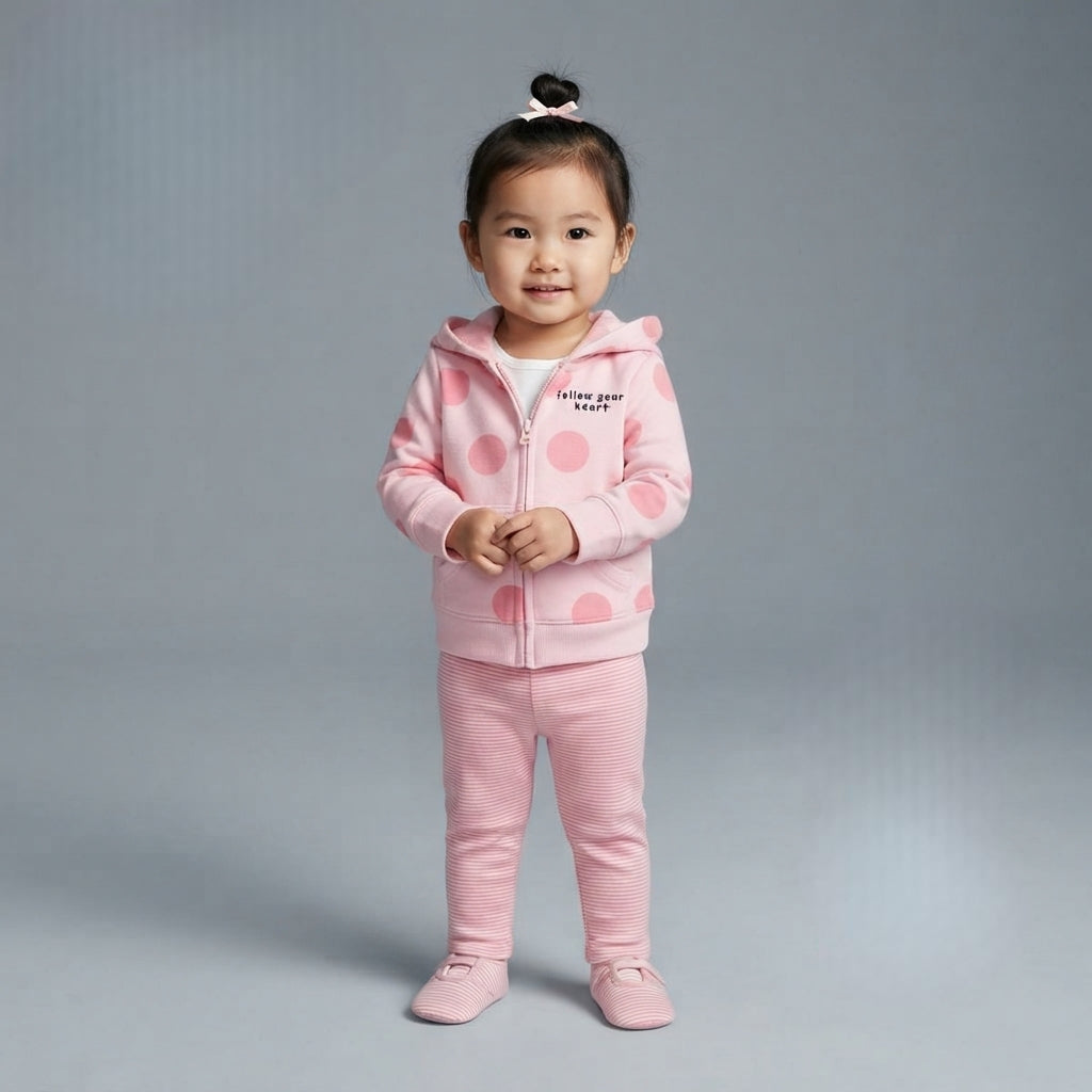 Niña pequeña vistiendo conjunto EmpiBy de tres piezas: chaqueta rosa con lunares, body blanco y pantalón a rayas