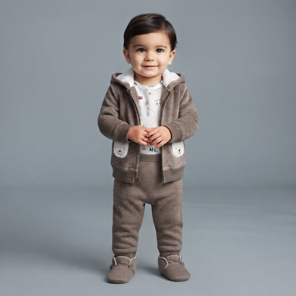 Bebé con conjunto EmpiBy de tres piezas marrón topo, chaqueta polar con capucha de osito y body estampado