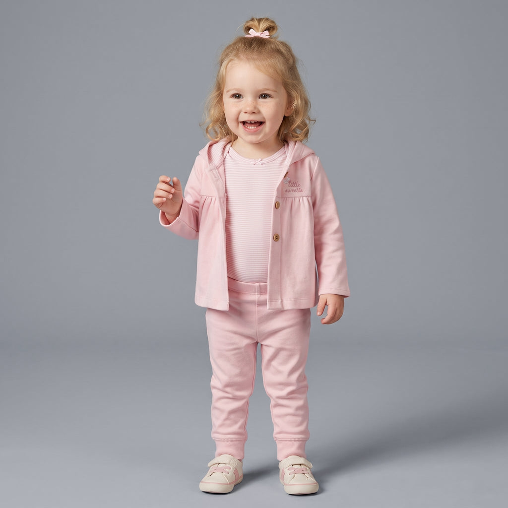 Conjunto EmpiBy de 3 piezas rosa para bebé niña con chaqueta con capucha, body a rayas y pantalón cómodo