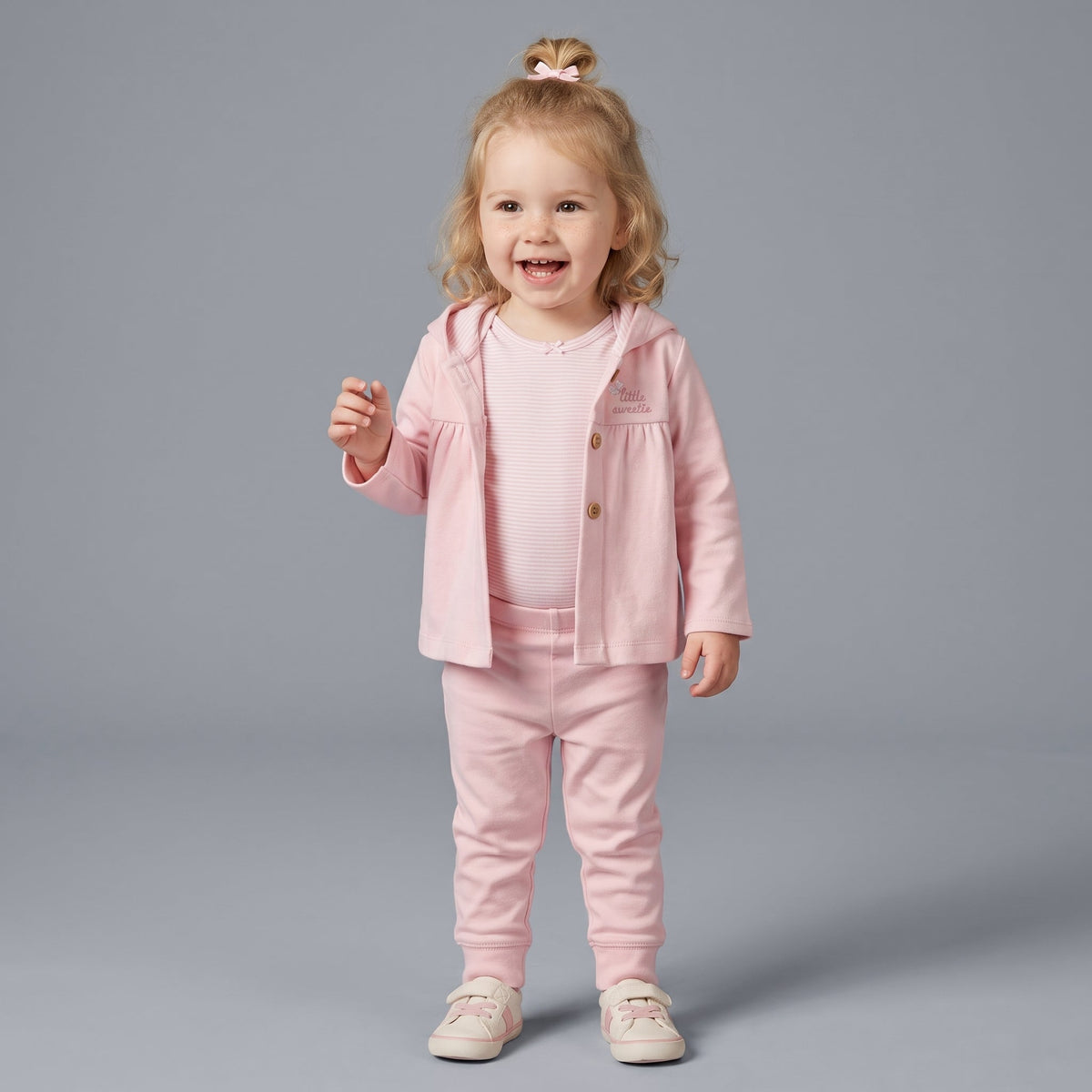 Conjunto EmpiBy de 3 piezas rosa para bebé niña con chaqueta con capucha, body a rayas y pantalón cómodo