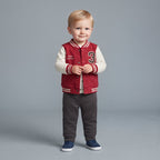 Bebé niño con conjunto EmpiBy de 3 piezas: chaqueta bomber universitaria roja y crema, body estampado y pantalón gris.