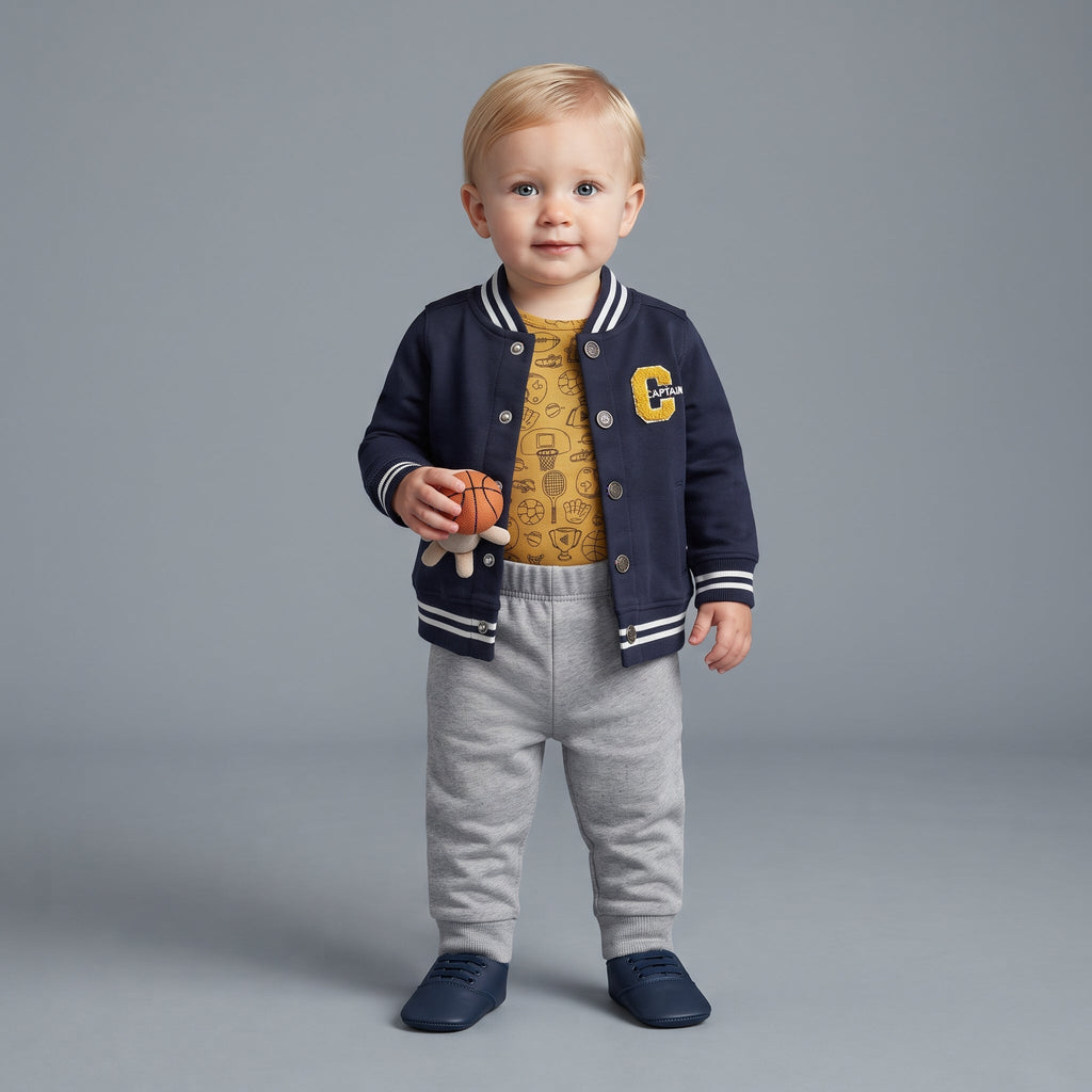 Bebé con conjunto EmpiBy de 3 piezas: chaqueta universitaria azul, body naranja estampado y pantalón gris cómodo.