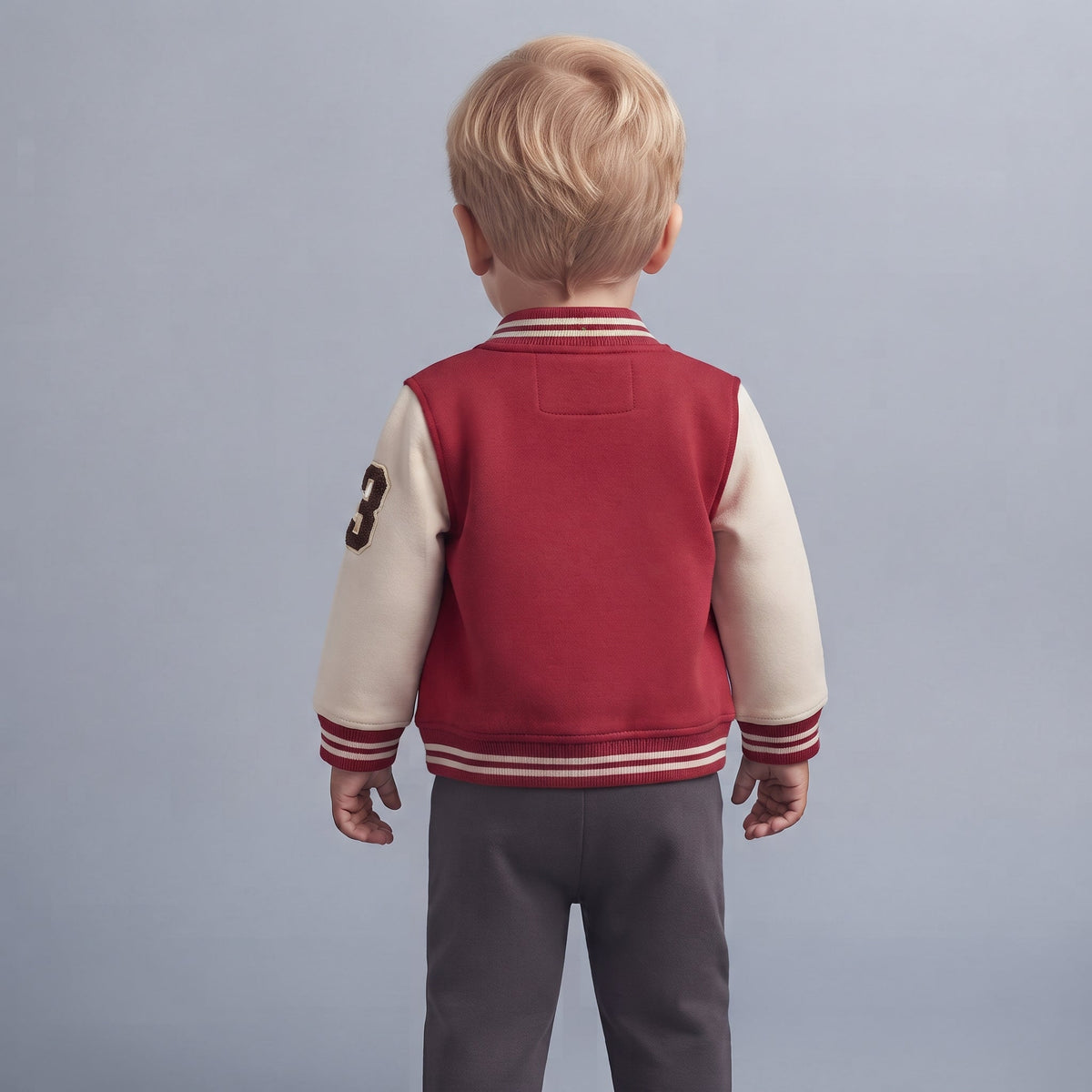 Vista trasera de un niño con conjunto EmpiBy estilo universitario, chaqueta bomber roja y crema y pantalón gris.
