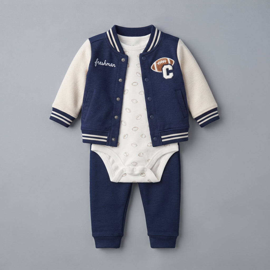 Conjunto EmpiBy de 3 piezas para bebé niño con chaqueta varsity azul y crema, body de fútbol y pantalón deportivo.