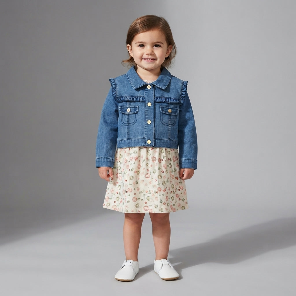 Niña pequeña vistiendo conjunto EmpiBy de vestido con estampado floral y chaqueta de mezclilla azul con volantes