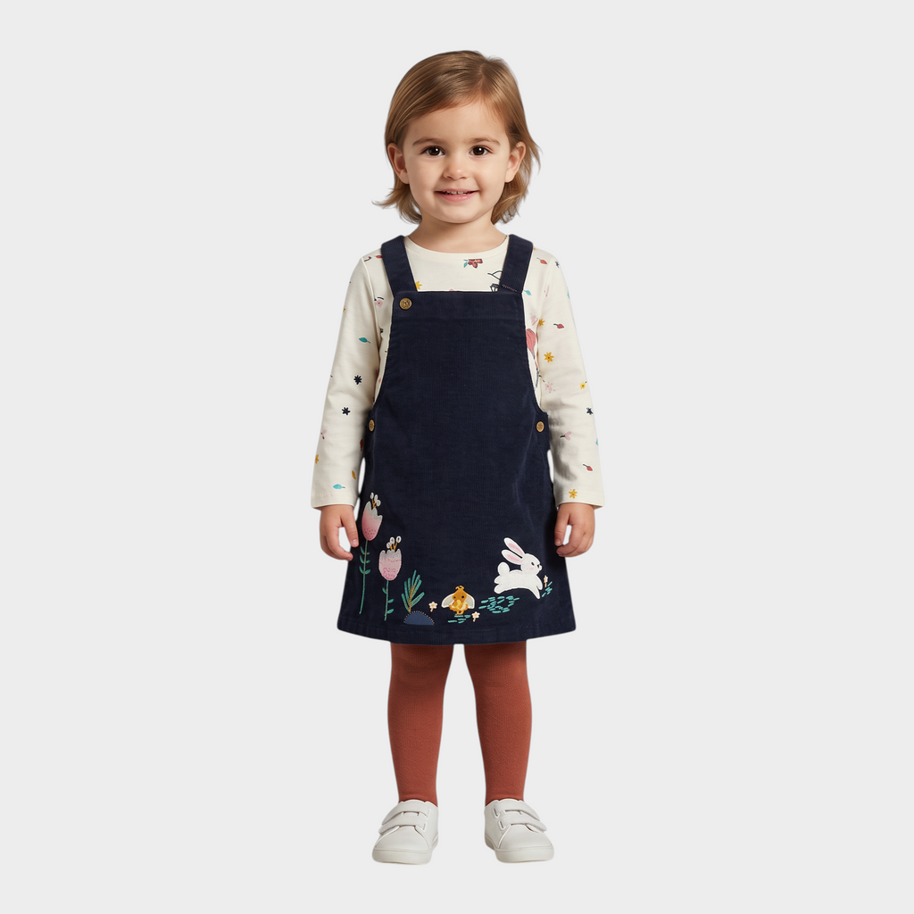 Niña vistiendo conjunto EmpiBy de vestido peto azul marino de pana con bordados y camiseta floral de manga larga