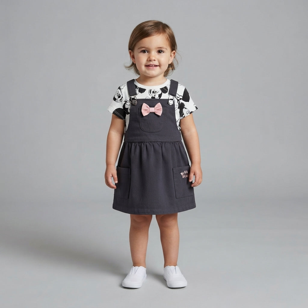 Niña pequeña vistiendo conjunto EmpiBy de vestido peto gris oscuro con lazo rosa y camiseta de Minnie Mouse