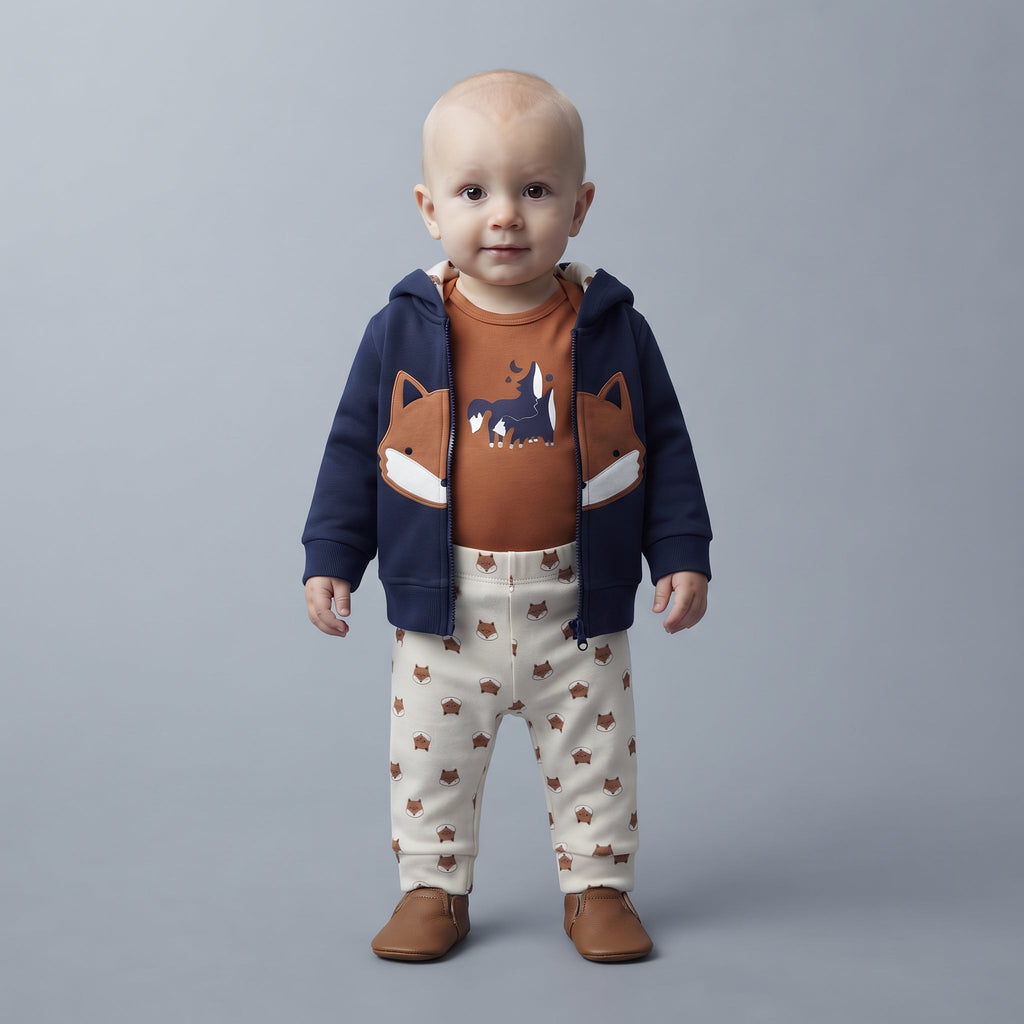 Bebé con conjunto EmpiBy de 3 piezas: chaqueta azul marino, body terracota con zorro y pantalón estampado de zorritos.