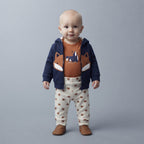 Bebé con conjunto EmpiBy de 3 piezas: chaqueta azul marino, body terracota con zorro y pantalón estampado de zorritos.