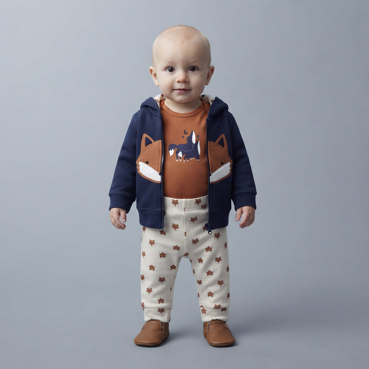 Bebé con conjunto EmpiBy de 3 piezas: chaqueta azul marino, body terracota con zorro y pantalón estampado de zorritos.