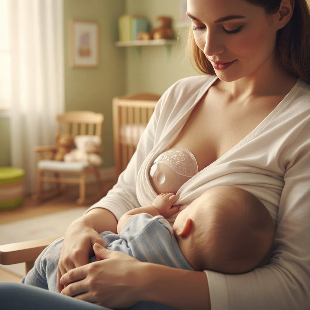 Madre amamantando a su bebé usando copas recolectoras de leche EmpiBy de silicona suave y diseño ergonómico