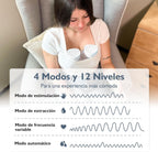 Mujer usando extractor eléctrico doble EmpiBy MY-379 manos libres con gráfico de modos y niveles de succión