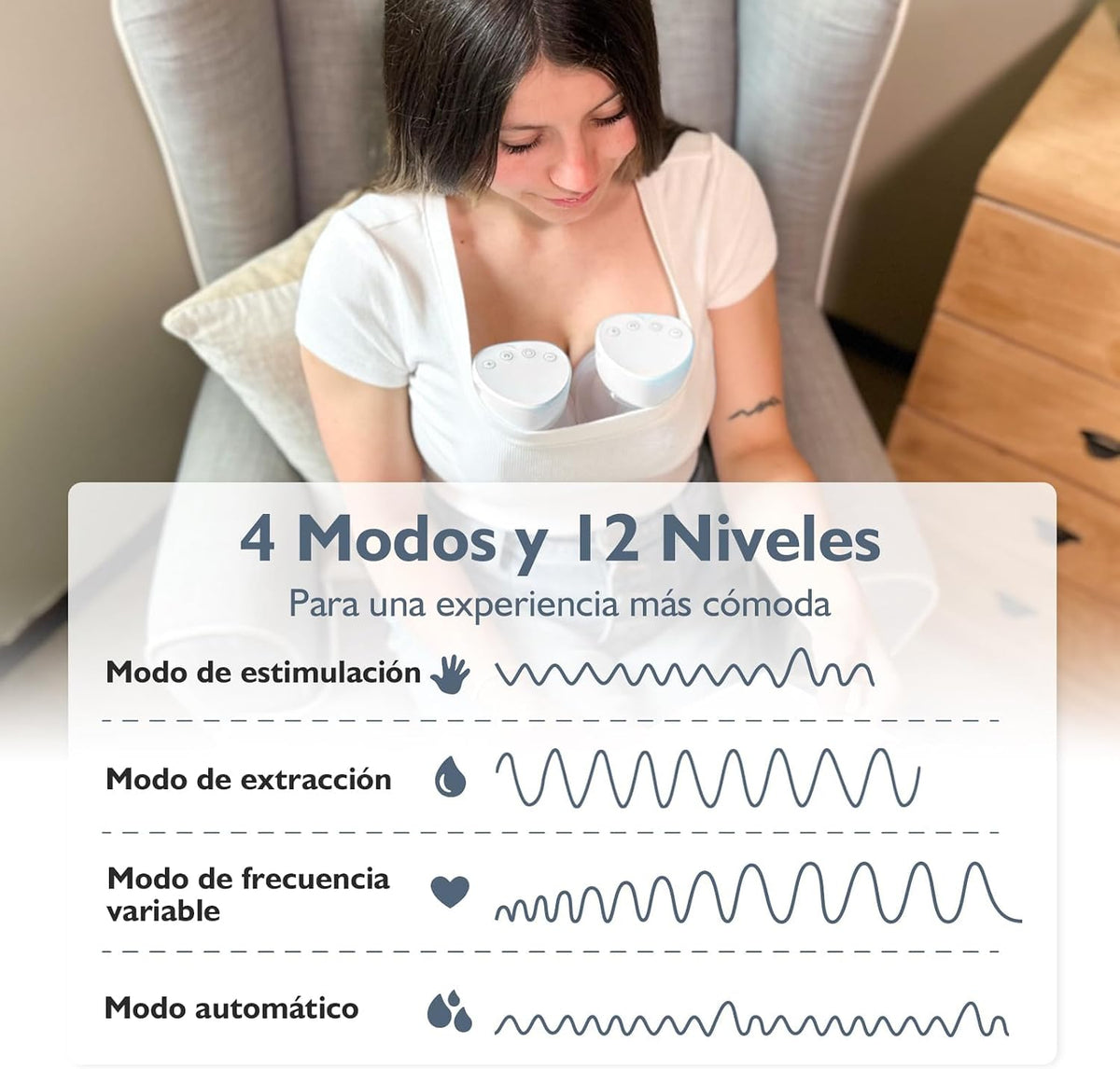 Mujer usando extractor eléctrico doble EmpiBy MY-379 manos libres con gráfico de modos y niveles de succión