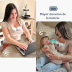Madre usando extractor eléctrico doble EmpiBy MY-379 manos libres mientras trabaja y amamanta a su bebé en casa