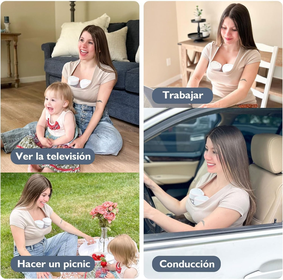 Extractor eléctrico doble portátil EmpiBy MY-379 manos libres, usado por una madre en diversas actividades diarias.