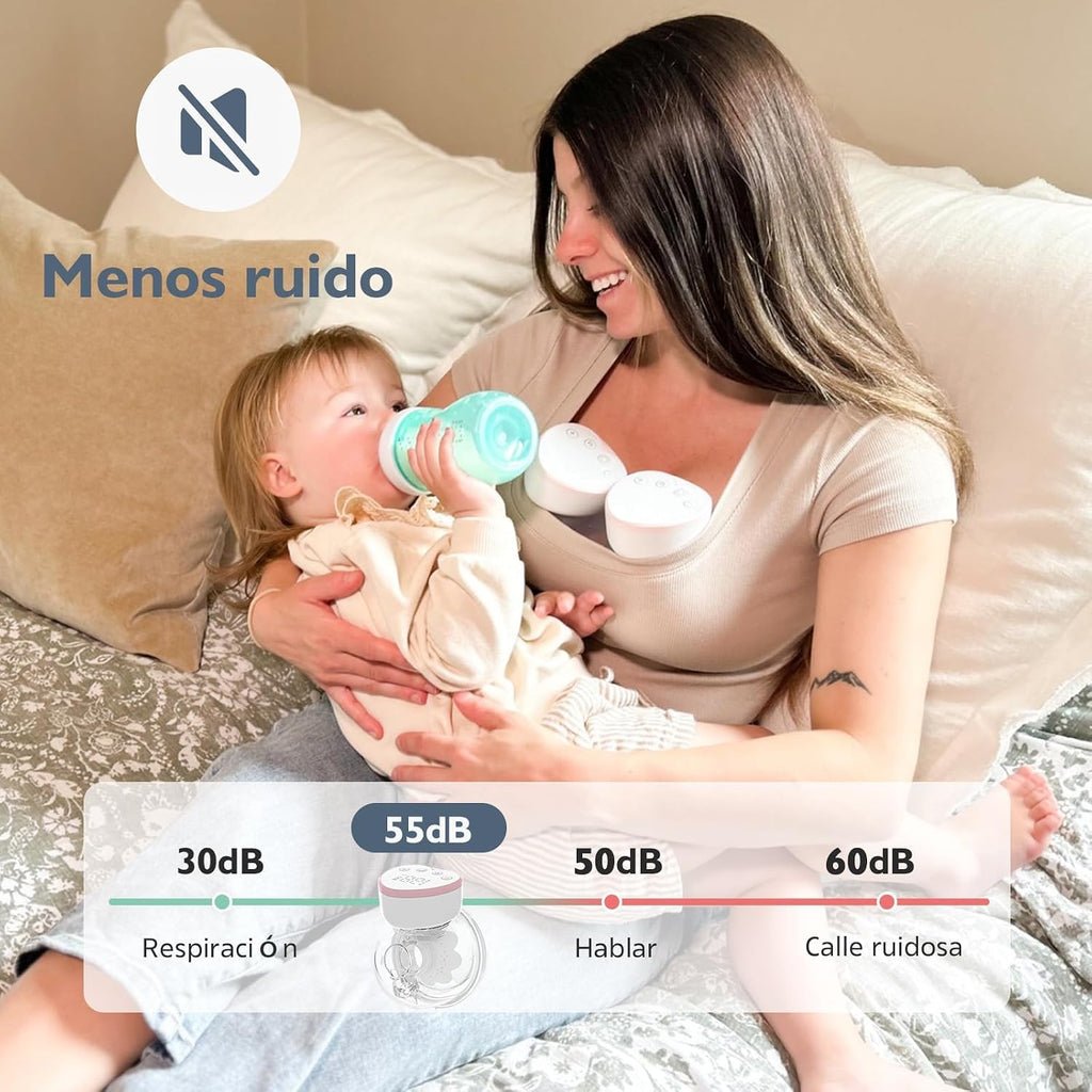 Madre usando extractor eléctrico doble EmpiBy mientras sostiene a su bebé en la cama, diseño silencioso y portátil