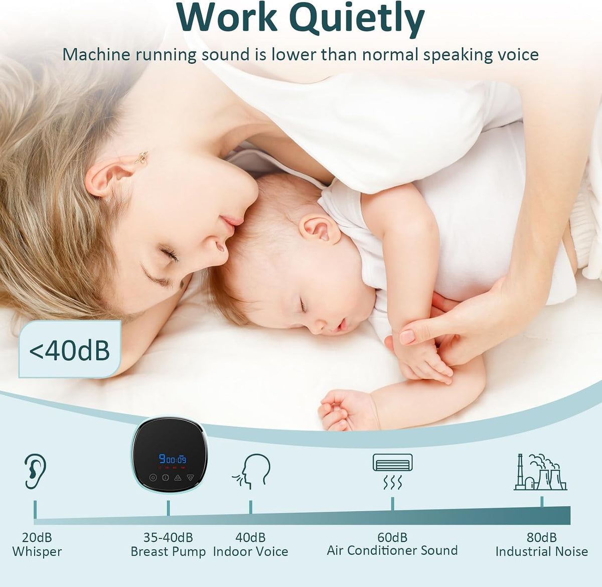 Madre descansando con su bebé junto al extractor EmpiBy RH338, dispositivo silencioso con pantalla LCD digital