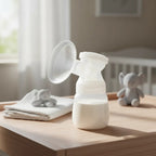 Extractor de leche eléctrico EmpiBy de silicona blanca con diseño ergonómico sobre una mesa de madera