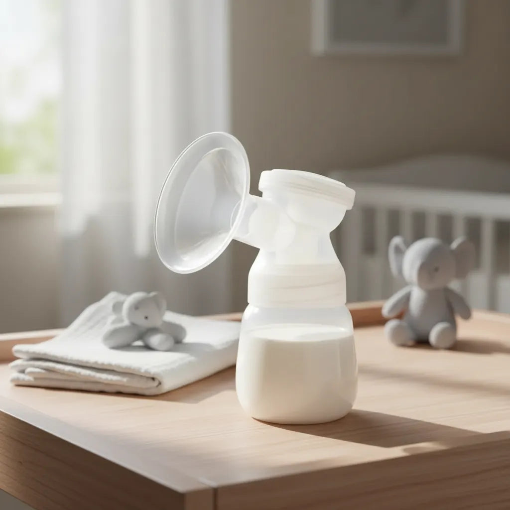 Extractor de leche eléctrico EmpiBy de silicona blanca con diseño ergonómico sobre una mesa de madera
