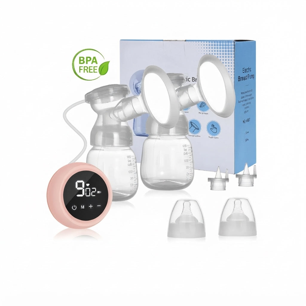 Extractor de leche eléctrico doble EmpiBy con pantalla LED rosa, biberones sin BPA y accesorios de silicona